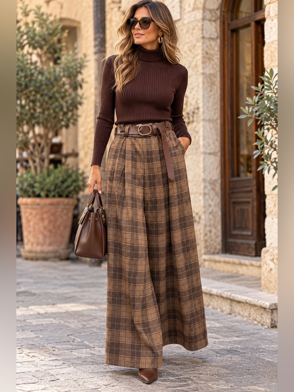 F40. From Italy 🇮🇹 Plaid Wide-Leg Pants - Classic High-Waist Style